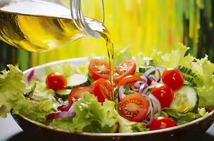 Salute benefici di salutare insalata, nel il stile di preciso dettagliare, liscio e brillante. generativo ai foto