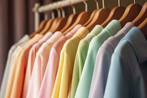 colorato Abiti su un' capi di abbigliamento cremagliera, pastello colorato guardaroba nel un' shopping memorizzare o Camera da letto, arcobaleno colore Abiti scelta su grucce, casa armadio concetto Immagine. ai generativo foto