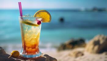 cocktail bicchiere su il sabbioso spiaggia vicino il mare nel estate volta. generativo ai foto