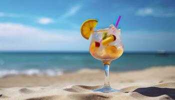 cocktail bicchiere su il sabbioso spiaggia vicino il mare nel estate volta. generativo ai foto