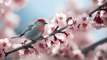 uccelli seduta nel un' albero pieno con ciliegia fiorire fiori. generativo ai foto