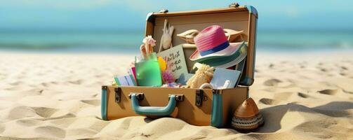 spiaggia preparazione, Accessori nel valigia su sabbia. generativo ai foto