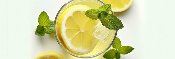 limonata nel un' bicchiere con fresco limoni e menta. freddo estate bevanda con copia spazio. generativo ai foto