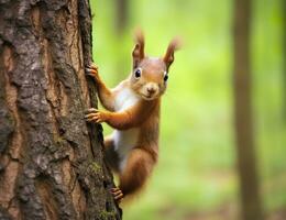 bellissimo scoiattolo su un' albero nel un' foresta parco nel il estate. generativo ai foto