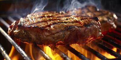 Manzo ribeye bistecca grigliate su un' fiammeggiante griglia. generativo ai foto