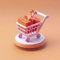 leggero arancia e rosa shopping carrello con regalo scatola icona. ai generativo foto