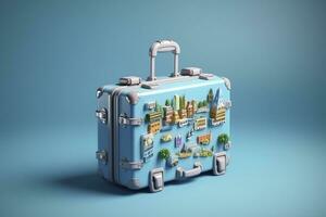 blu valigia pieno di punti di riferimento e viaggio Accessori su blu sfondo. generativo ai foto