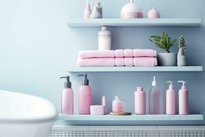 un' pastello bagno mensola con rosa cura della pelle prodotti, copia spazio, striscione, rosa e pastello blu luminosa tavolozza, barbiecore. ai generativo foto