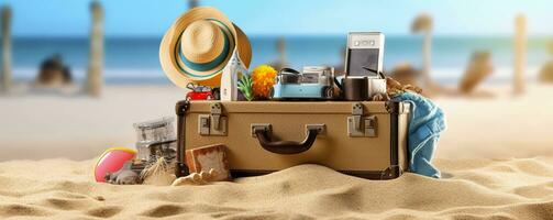 spiaggia preparazione, Accessori nel valigia su sabbia. generativo ai foto