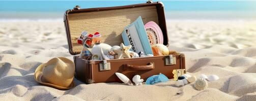spiaggia preparazione, Accessori nel valigia su sabbia. generativo ai foto