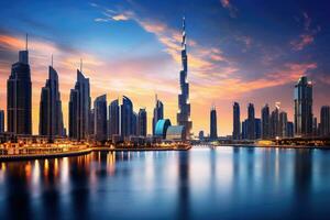 dubai orizzonte a tramonto, unito arabo emirati. dubai è il più veloce in crescita città nel il mondo. bellissimo dubai centro a il tramonto, dubai, uniti arabo emirati, ai generato foto