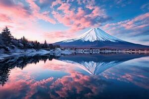 mt fuji a Kawaguchiko lago nel Giappone. bellissimo panoramico paesaggio di montagna fuji o Fujisan con riflessione su Shoji lago a alba con crepuscolo cielo, Giappone, ai generato foto