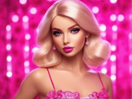 carino bionda ragazza, Bambola stile nel moda rosa vestire, studio rosa sfondo ai generato foto