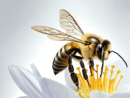 volante miele ape raccolta polline a fiore. ai generato foto