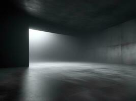 buio camera o palcoscenico con calcestruzzo pavimento sfondo per Prodotto posizionamento. panoramico Visualizza di il astratto nebbia. ai generato foto