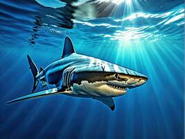 oceano squalo parte inferiore Visualizza a partire dal sotto. Aperto trentadue denti pericoloso bocca ai generato foto
