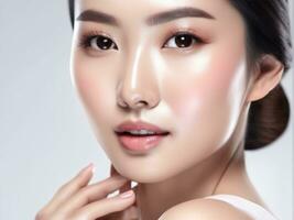 giovane asiatico bellezza donna con Perfetto pelle su isolato bianca sfondo ai generato foto