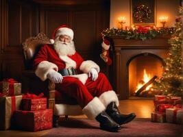 Santa Claus nel un' bellissimo camera Il prossimo per il camino e Natale albero si siede con un' sacco di i regali ai generato foto