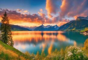 fantastico sera montagna paesaggio, pittoresco autunno tramonto nel svizzero Alpi ai generato foto