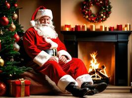 Santa Claus nel un' bellissimo camera Il prossimo per il camino e Natale albero si siede con un' sacco di i regali ai generato foto