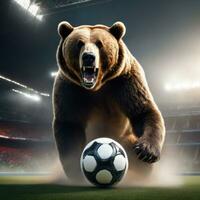 bellissimo orso con calcio sfera, furioso orso nel stadio sfondo. ai generato foto