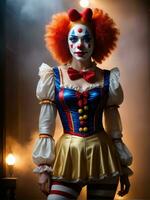 fotografia di un ultra realistico donna clown nel drammatico leggero nebbia ai generato foto