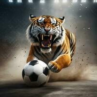 bellissimo tigre con calcio sfera, furioso tigre nel stadio sfondo. ai generato foto