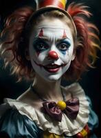 fotografia di un ultra realistico donna clown nel drammatico leggero ai generato foto