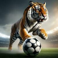 bellissimo tigre con calcio sfera, furioso tigre nel stadio sfondo. ai generato foto