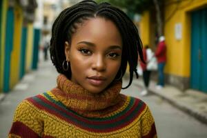 bellissimo donna nel un' maglione su il strada. ai generativo professionista foto