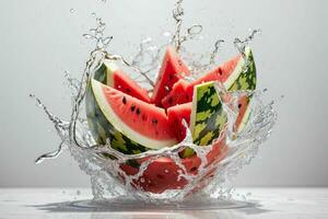 acqua spruzzo su un' anguria frutta. ai generativo professionista foto