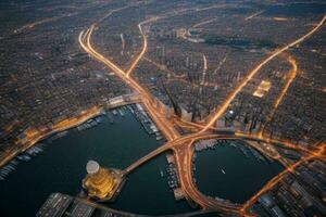 aereo Visualizza di un' paesaggio urbano a notte sfondo. ai generativo professionista foto