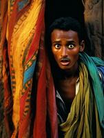 giovane uomo con africano Caratteristiche chi appare per essere scioccato ai generativo foto