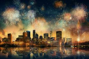 un' città orizzonte con fuochi d'artificio foto