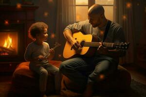 un' papà giocando chitarra per il suo bambini foto