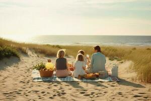 un' famiglia picnic a il spiaggia foto