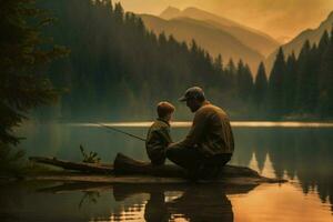 un' padre e bambino pesca di il lago foto