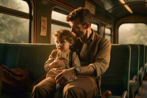 un' padre e bambino andando su un' treno cavalcata foto