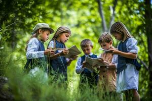 un' gruppo di bambini avendo un' spazzino caccia foto