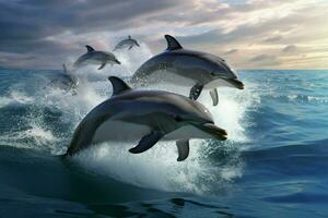 un' baccello di delfini scherzosamente salti nel unisono foto