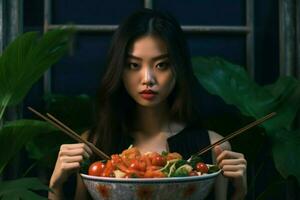 asiatico giovane donna è mangiare dieta cibo foto