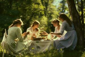 avendo un' picnic tè festa con amici foto