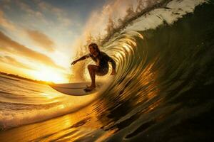 il brivido di equitazione il onde su un' tavola da surf foto