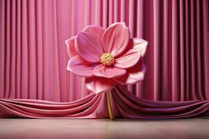 un' 3d palcoscenico con un' rosa tenda e un' rosa fiore foto