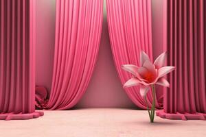 un' 3d palcoscenico con un' rosa tenda e un' rosa fiore foto