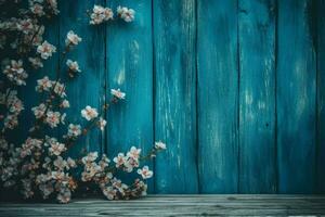 un' blu di legno sfondo con fiori su esso foto