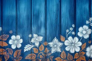 un' blu di legno sfondo con fiori su esso foto