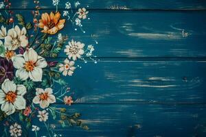 un' blu di legno tavola con fiori su esso foto