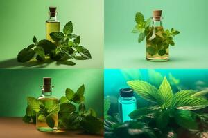 un' bottiglia di menta olio Il prossimo per un' rametto di menta foto