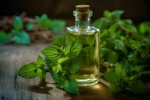 un' bottiglia di menta olio Il prossimo per un' rametto di menta foto